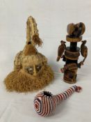 Congolese Kuba helmet mask, a carved totem and a beaded tribal folk item. H.50cm (largest)
