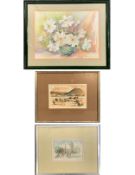 A signed watercolour, still life flowers, a pen and ink landscape and a watercolour, Gloucester