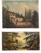 An unsigned, unframed oil on canvas of country scene, and a signed, unframed oil on canvas of a lake