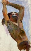 A framed oil on board, study of a young man, inscribed in Cyrillic to the reverse. H.72 W.52cm