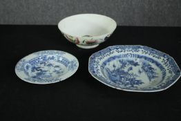 A Chinese porcelain bowl, hand decorated, possibly late 18th century along with two 19th century