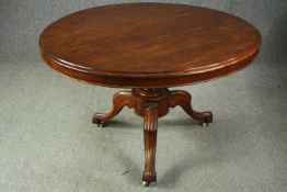 Dining or breakfast table, Victorian mahogany with tilt top action. H.73 Dia.117cm.
