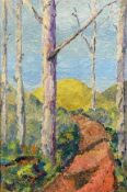 A framed oil on canvas laid on board, silver birch by a lane. H.35 W.27cm