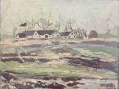 Oil on canvas, mid century, buildings in a landscape, monogrammed. H.28 W.35cm
