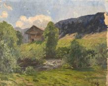 Oil on canvas, Alpine landscape, signed J Soly. H.33 W.41cm.
