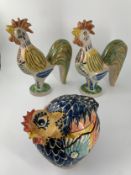 Three ceramic chicken figures. H.32cm (largest)