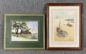 Two framed and glazed watercolours on paper, one of a harbour scene with working sailing barges,