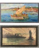 An unsigned acrylic on board of the Statue of Liberty and possibly the Queen Mary cruise liner,
