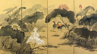 An early 20th century Chinese watercolour on silk laid on panels, birds amongst flowers. H.91 W.