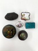 A collection of 19th century and later hand decorated snuff and vanity boxes. Dia.9cm (largest)