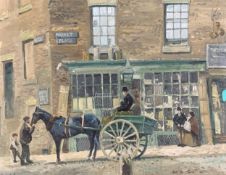 An early 20th century oil on board. Market Place Tunstall, Calling for the Mail. H.52 W.65cm