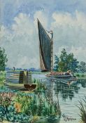 An indistinctly signed watercolour on paper of a sailing barge on a river. H.48 W.39cm