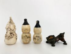 A carved Japanese bone scent bottle, a pair of erotically themed scrimshaw style similar along