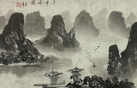 A Chinese brush and ink drawing, boats and figures on a lake, signed, framed and glazed. H.46 W.56cm