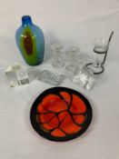 A collection of Scandinavian art glass to include a signed plate, baluster vase etc. H.28cm (