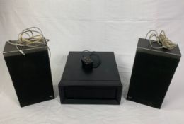 A pair of Bang and Olufsen Beovox X25 speakers and a Steepletone portable record player. H.16 W.38