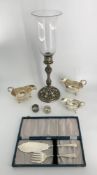 A 19th century silver plated storm lantern, two hallmarked silver napkin rings and various other