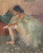 After Degas, oil on canvas, seated ballerina, inscribed to the reverse. H.74 W.65cm