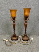 A pair of 19th century style moulded and glass table uplighter lamps. H.68cm (each)