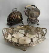 A collection of 19th century silver plate; an Elkington decanter stand, a spirit kettle and a