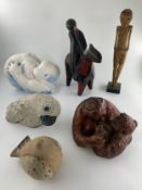 Three ceramic items: child, pot and rider along with three moulded items. H.33cm (largest)