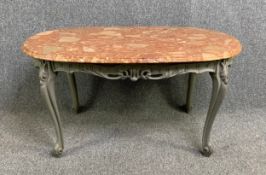 A painted French Provincial style coffee table with rouge marble top. H.51 W.97 D.56cm