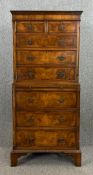 Chest on chest, mid Georgian style walnut and crossbanded fitted with brushing slide. H.153 W.68 D.