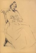 A pencil and ink portrait, seated lady, signed and dated E Nathan, framed and glazed. H.37 W.29cm
