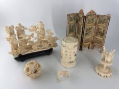 A Chinese bone miniature screen and a similar lidded jar along with 3 moulded items. H 18cm.