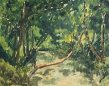 Oil on canvas, a path in a woodland setting, signed N Ripley. H.58 W.68cm