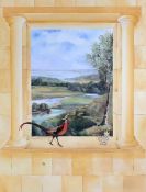 A large acrylic on canvas, landscape through a portico, signed Nicky Armstrong. H.153 W.117cm