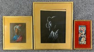 Three Oriental watercolour paintings, framed signed portrait, a similar and a gouache of figures.