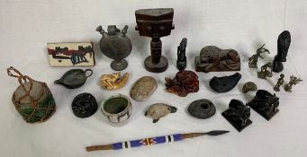 A miscellaneous collection of tribal and other artefacts to include four Benin bronze figures. H.