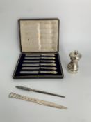 A collection of English hallmarked silver to include, cased fruit knives, pepper pot and a letter