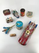A collection of vintage tin-plate toys etc. L.35cm (largest)