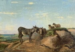 A 19th century oil on board, donkeys and sheep in a landscape, indistinctly signed in carved