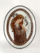 A glass wall hanging hand painted in the style of Rossetti's Proserpine in a leaded surround. H.60