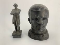 A vintage spelter bust of Yuri Gagarin and a vintage metal figure of Maksim Gorky. H.14cm (largest)