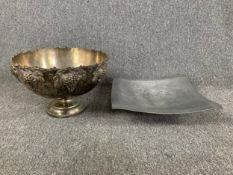 A silver plated wine cooler and a contemporary aluminium dish. Dia.40cm (largest)
