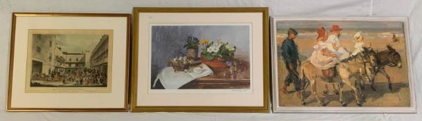 A miscellaneous collection of three framed and glazed prints. H.55 W.76cm.