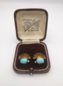 A pair of 1970's 9 carat yellow gold sunburst brutalist design turquoise and cultured pearl stud