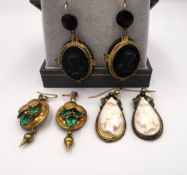 Three pairs of Victorian rolled gold and pinchbeck drop earrings (pierced), a pair of classical