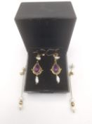 Two pairs of modern yellow metal (tests as 9ct) gold drop earrings, one pair with yellow metal and