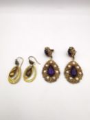 Two pairs of antique yellow metal earrings, one pair of yellow metal (tests as 9ct) fern design drop