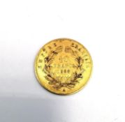 A French 1858 Napoleon III 10 Franc Gold Coin, bare head. Dia 1.9cm 3.21g.