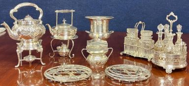 A mixed collection of good silver plated items to include, spirit kettles, wine cooler, lidded caddy