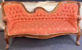 A Victorian style mahogany framed double end sofa in deep buttoned upholstery. H.92 W.188 D.70cm