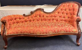 A Victorian style mahogany framed chaise longue in deep buttoned upholstery. H.88 W.190 D.75cm