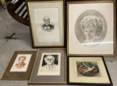 A collection of five framed and glazed prints and etchings, all portraits to include Gustav