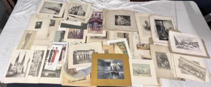 A collection of over 100 unframed prints, etchings and engravings, various subjects, 19th century